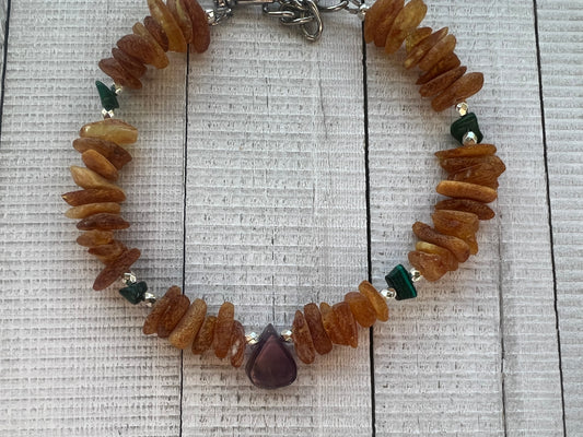 Raw Baltic Amber & Malachite with Amethyst Pendant (Flea & Tick Repellant)"Healing"