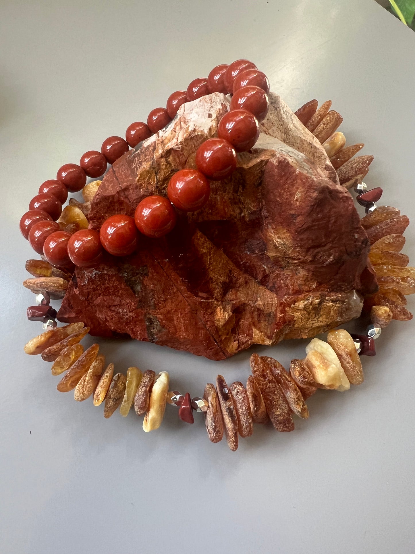 Red Jasper & Raw Baltic Amber Collar