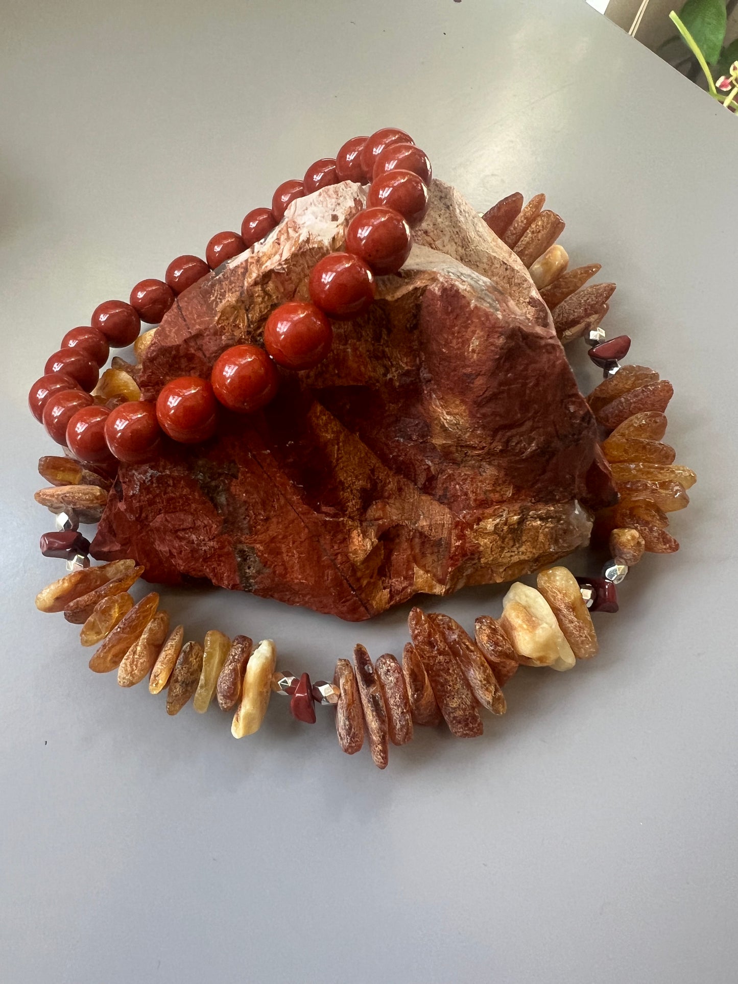 Red Jasper & Raw Baltic Amber Collar