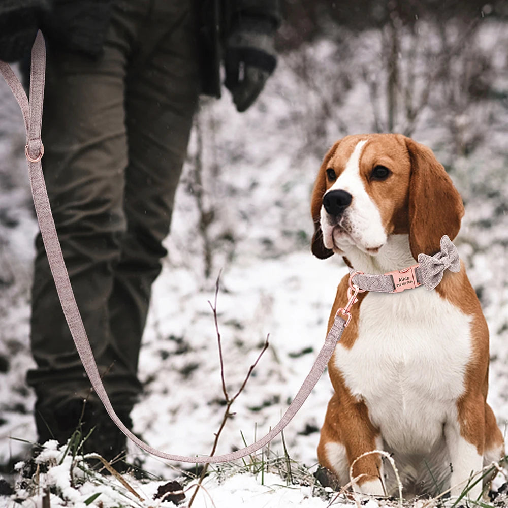 Dog Collar Leash Set High Quality Dogs Collars With Bowtie Adjustable Pet Collars Leashes Free Engraving