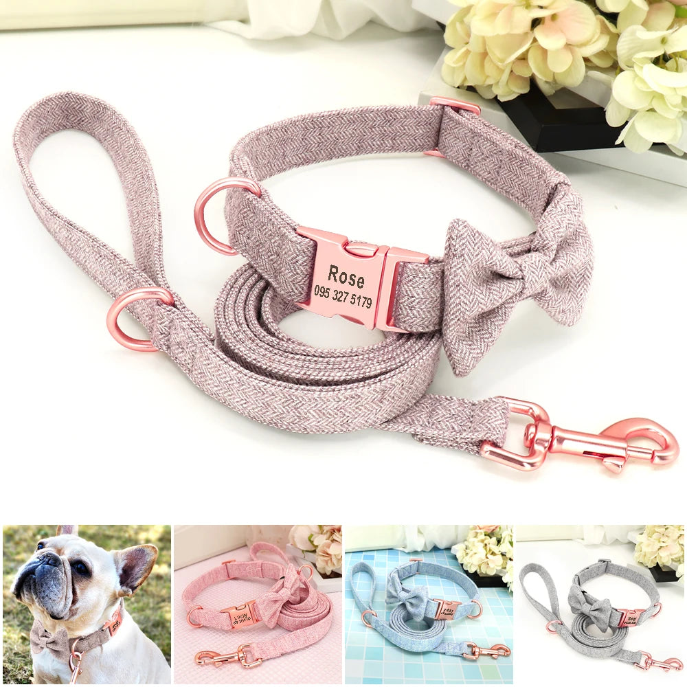 Dog Collar Leash Set High Quality Dogs Collars With Bowtie Adjustable Pet Collars Leashes Free Engraving